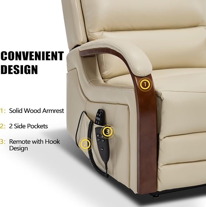 Power Lift Recliner Chair for Elderly, Dual Motor Lift Chair with Vibration Massage and Lumbar Heat, Lay Flat Recliner with Solid Wood Armrest, Standing Assistance Reclining, Faux Leather Beige