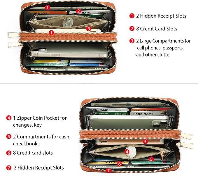 GOIACII Women's Wallet Large Capacity Double Zip Ladies Card Phone Holder RFID Blocking Wristlet Leather