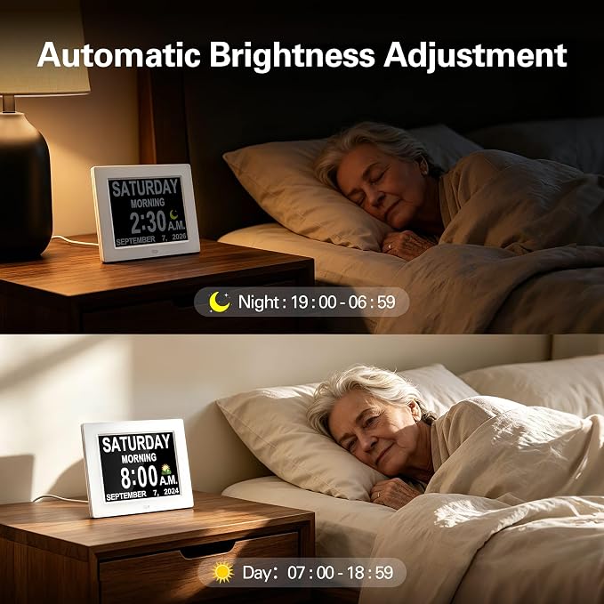 JALL 8" Large Digital Calendar Day Clock for Seniors 2026 - Easy to Read Alzheimer's Dementia Memory Loss Clock for Elderly with IPS Wide Angle，Day & Date, 12 Custom Alarms & Auto-Dimming, Wood