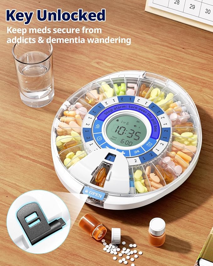 Betife 2nd Gen Automatic Pill Dispenser for Elderly with Alarm | 28 Slots, Key Locked, Alarm & Light Reminder, Mix-Proof, XL Display, 6 Dosage Rings，Easy Setup