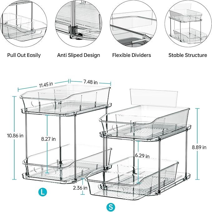 Delamu 2-Tier Under Sink Organizers and Storage, Multi-Purpose Stackable Bathroom Cabinet Organizers, Pull Out Kitchen Pantry Organization and Storage with Dividers(2 Pack, Grey)