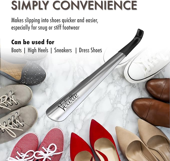 Velette Long Shoe Horn for Seniors - 2 Pack 16.5" Metal Shoe Horn Long Handle for Seniors, Men, Women & Kids - Boot Horns, Shoehorn Long-Handle, Elderly Must Haves - Shoes Spoon, Gifts for Elders