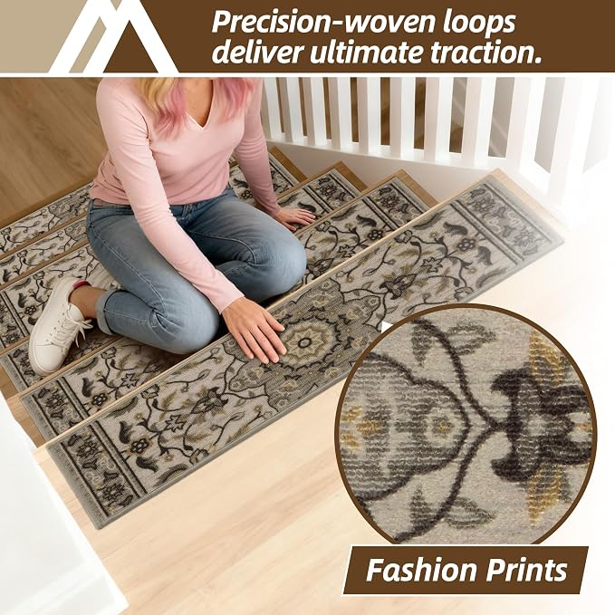 COSY HOMEER Stair Treads for Wooden Steps Indoor with TPE Backing,15Pcs | Non-Slip Carpet Stair Treads, Soft Peel and Stick Stair Runners,Pet-Friendly Stair Runner Washable Reusable,Floral Gray