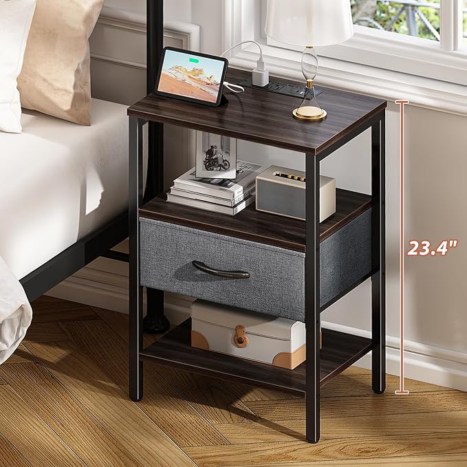 SUPERJARE Nightstand Set of 2 with Charging Station, USB-C Port, End Tables | Night Stand for Bedroom, with Adjustable Fabric Drawer, 3-Tier Storage Bedside Tables for Living Room, Walnut