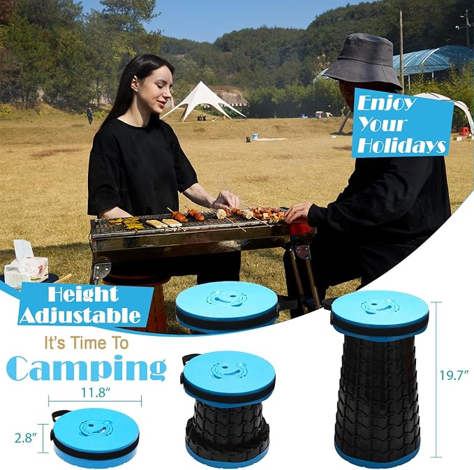 Collapsible Stool with Cushion,1000 lbs Capacity,19.7-in Adjustable Height | Wider & Taller Heavy Duty Portable Telescoping Folding Seat Chair for Adults Camping,Fishing,Travel,Queue Wait,Stadium View