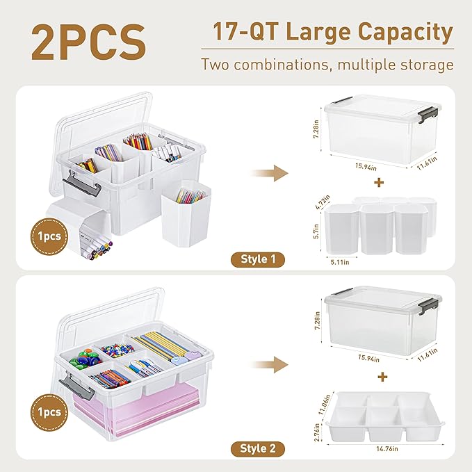Citylife 17QT 2Packs Clear Craft Organizers and Storage Bins with Lids | Stackable Art Supply Organizer with Tray and 6 Inserts for Markers, Crayons, Pencils, Tools, Playdoh, Coloring Books