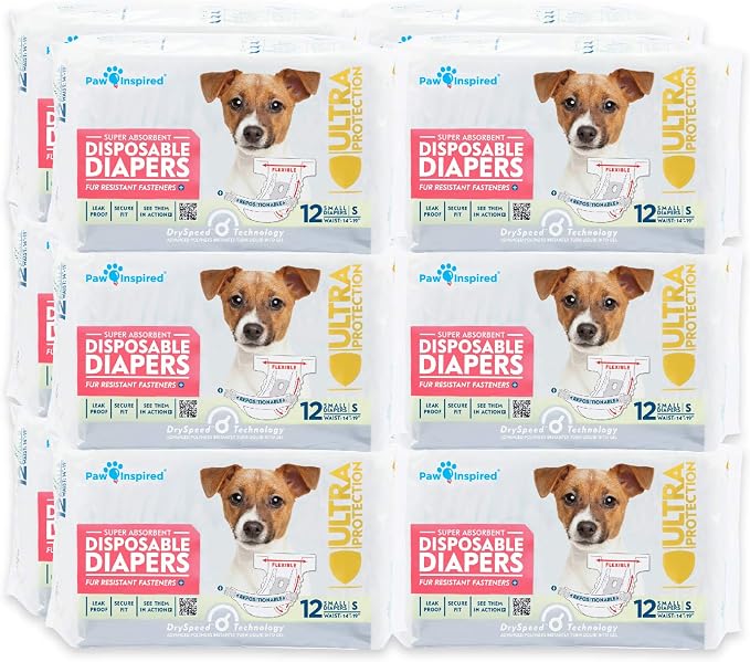 Paw Inspired Disposable Female Dog Diapers, Small Size, 144 Count | Ultra Protection, Adjustable Fasteners, Comfortable Fit, Leakproof Core, For Dogs in Heat, Excitable Urination, Incontinence
