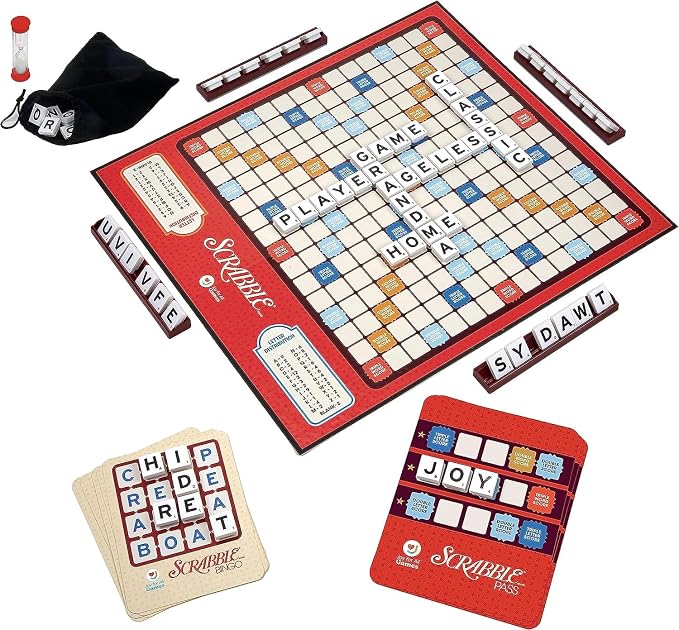 JOY FOR ALL Games - Scrabble Bingo 3-in-1 Word Games - Classic, Bingo, & Pass - New Easy to Grasp Tiles & Racks - Fun Family Board Game for Seniors, Kids, Teens, and Adults
