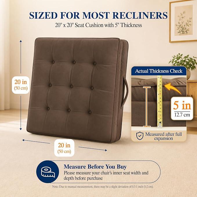 Allaboutsla Recliner Seat Cushion, 20x20x5 Lift Chair Cushion for Elderly | Comfy Dual-Layer Recliner Cushion Adds Height, Thick Recliner Cushion for Long Sitting, Non-Slip Chair Pad for Recliner Brown