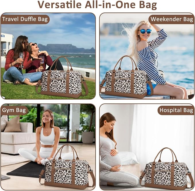 ELONGRIVER Travel Duffle Bag for Women, Weekender Bags, Hospital Bag for Labor Delivery,Lightweight Tote Duffel Overnight Bag with Luggage Sleeve,Airplane Travel Bags with Toiletry Bag,X-Large,Leopard