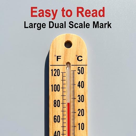 Large 10.5 Inch Vertical Wooden Thermometer | Indoor & Outdoor Use, -20°F to 120°F/-30°C to 50°C, Battery-Free, Weatherproof, Easy to Read & Ready to Hang