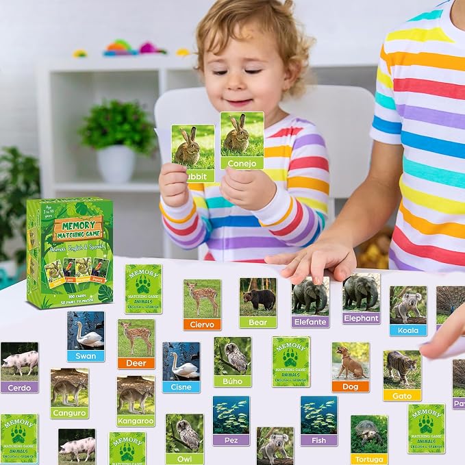 gisgfim 100 PCS Memory Matching Games Spanish English Bilingual Animal Memory Matching Games Educational Game for Kids and Adults A Fun & Fast Animal Game Toddlers Preschool Family Board Gift