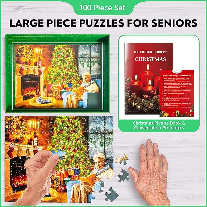 Assistex Large Piece Jigsaw Puzzle for Seniors with Dementia with Conversation Prompts, Large Piece Memory Game for Adults, Elderly, and Dementia Patients – Christmas Puzzle, 100 pcs