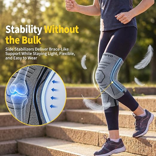 CAMBIVO 2 Pack Knee Brace for Women & Men, Latex Free & Silicone Free Compression Knee Sleeves with Side Stabilizers, Lightweight Knee Support for Arthritis, Meniscus, Walking, Running (Gray, Large)