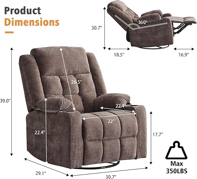 Ketaiyou Power Swivel Rocker Recliner Chair for Adults with Massage and Heat, USB and Type-C Ports, Infinite Position, Electric Glider Reclining Single Sofa Chair for Living Room (Coffee New)