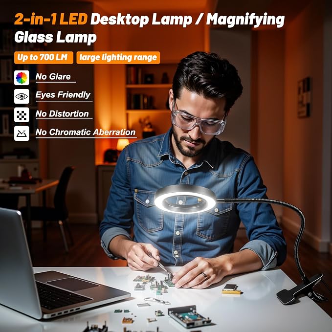 Akynite 10X Magnifying Glass with Light for Crafts, 3 Color+9 Brightness | Hands Free, Flexible Gooseneck, USB, No Adapter, Dimmable, 58 LED, 2 in 1 Magnifier Desk Lamp for Reading DIY Repair