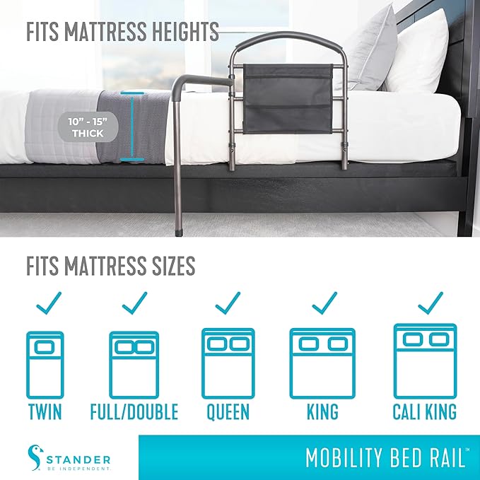 Stander Mobility Rail, Bedside Railing and Assist Bar with Swing-Out Safety Handle for Adults, Seniors, and Elderly, Guardrail with Organizer Pouch, ASTM Safety Approved Bedrail
