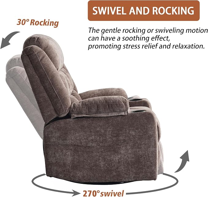 Ketaiyou Power Swivel Rocker Recliner Chair for Adults with Massage and Heat, USB and Type-C Ports, Infinite Position, Electric Glider Reclining Single Sofa Chair for Living Room (Coffee New)