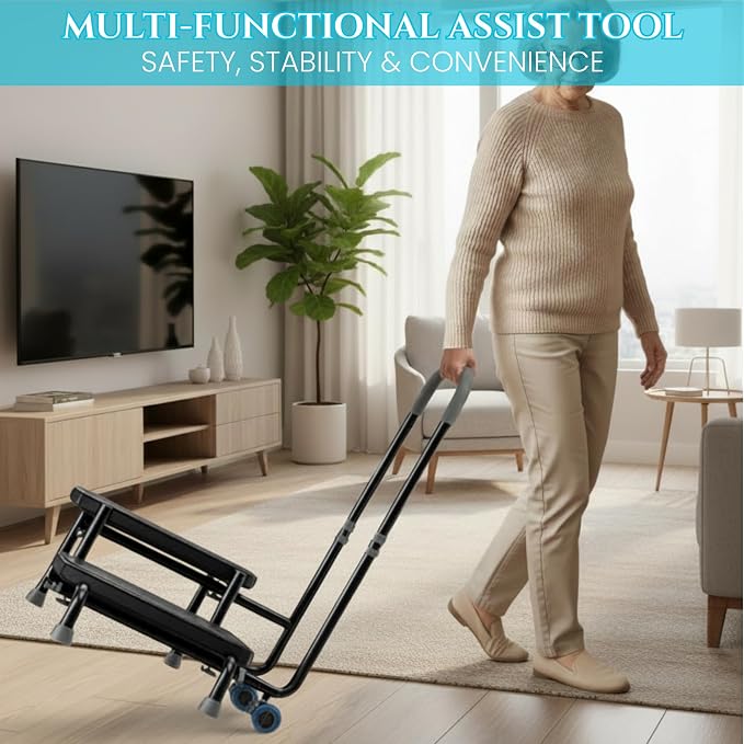 2 Step Stool with Handle & Wheels for Seniors, 400 lbs Capacity, Heavy Duty Step Stool for Bed, Adjustable 5-Level Handrail, Non-Slip Wide Steps, for Grandpa