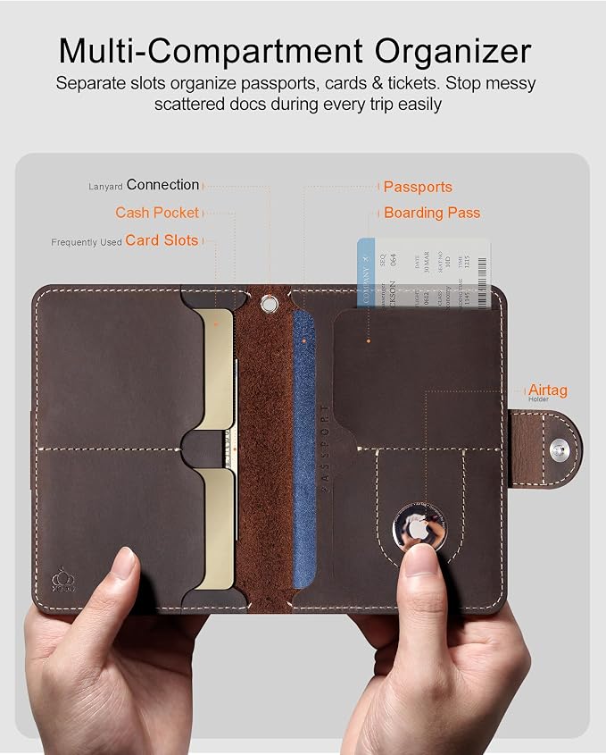 RFID Passport Holder for Travel with Hidden Airtag Slot – Genuine Leather Passport Wallet, Travel Gift for Men & Women