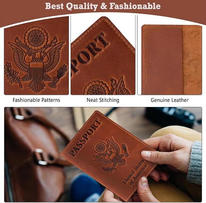 US Leather Passport Book Cover - Thin American Travel Passport Holder - Premium International USA Passport Protector Case for Women Men (Light Brown Vintage)
