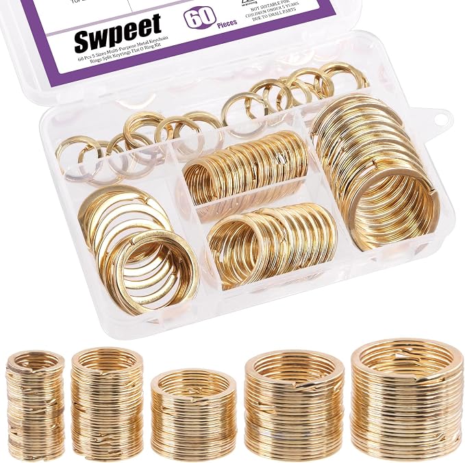 Swpeet 60 Pcs Gold Assorted Multi-Purpose Metal Keychain Rings Split Keyrings Flat O Ring for Home Car Keys Attachments Keys Pendants - 20mm, 25mm, 30mm, 35 mm, 38 mm