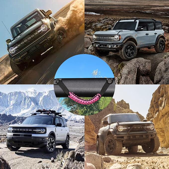 sukemichi Pink Grab Handles for 2021-2026 Ford Bronco 2/4 Door | Roll bar paracord grab handles,Fits Bronco hard & soft top,Off-road safety grip handle,Work with airbags,Not for Sport,4 Pack