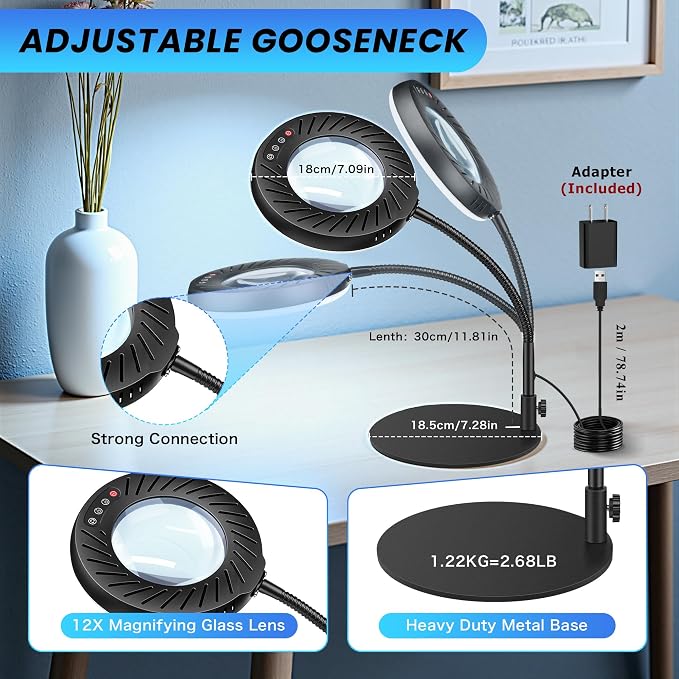 Akynite 12X Magnifying Glass with Light and Stand,5 Color 9 Levels Dimmable | Hands Free, Flexible Gooseneck, USB, with Adapter, Dual Base, 144 LED, Real Glass Magnifier Desk Lamp for Craft Close Work