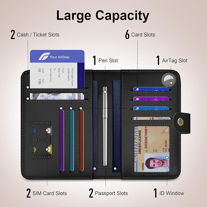 Travelambo Leather Passport Holder Cover Case, RFID Travel AirTag Wallet | Family Passport Wallet, RFID Blocking Credit Card Holder for Men & Women