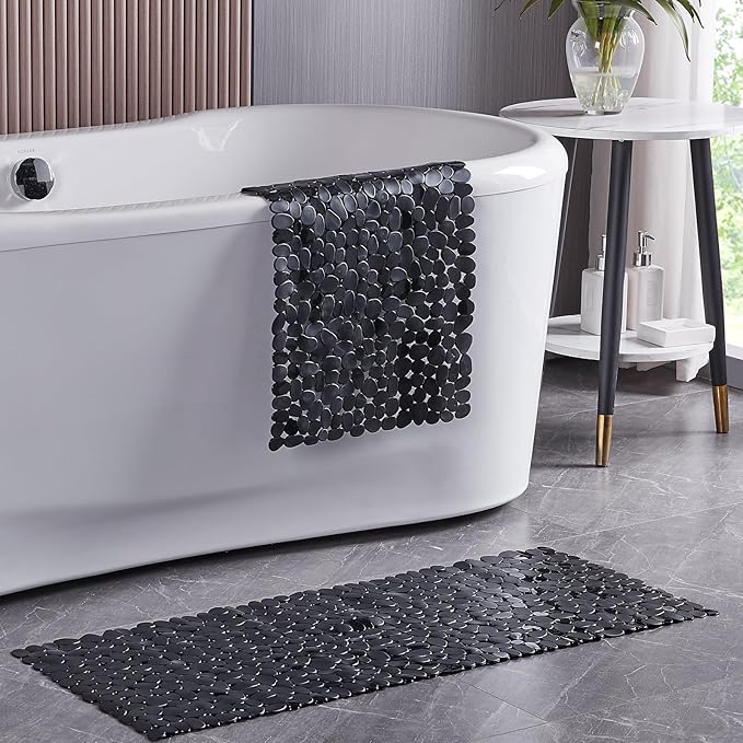 Bath Shower Mat Non Slip: Extra Large Pebble Bathtub mat for Families, Anti Slip Shower Matt with Drain Holes Suction Cups Tub Mat - 16 X 40 Inch Black