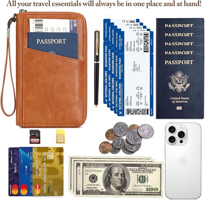 Family Passport Holder for Travel Women and Men Multiple RFID blocking Passport Holder MultiFunction Passport Wallet Passport Case Passport cover with Zipper