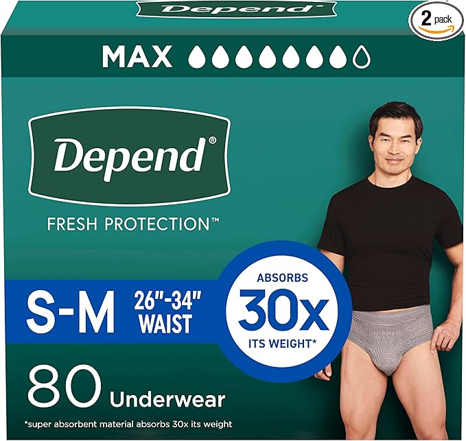 Depend Fresh Protection Adult Diapers, Incontinence Underwear for Men, Disposable, Maximum, Small/Medium, Grey, 80 Count (2 Packs of 40), Packaging May Vary