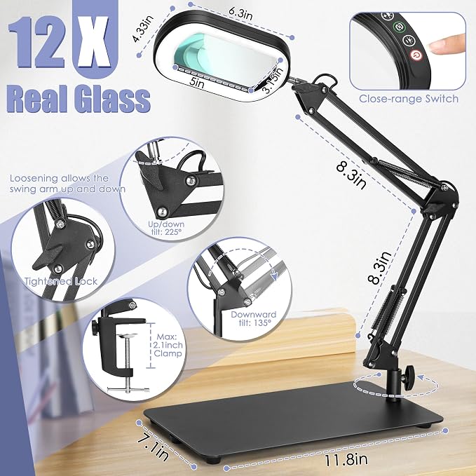 Drdefi 12X Square Magnifying Glass with Light and Stand, Real Glass LED Lighted Magnifier, 5 Color Modes Stepless Dimmable, Hands-Free Mag Desk Lamp with Clamp for Reading Craft Hobby Close Work Black