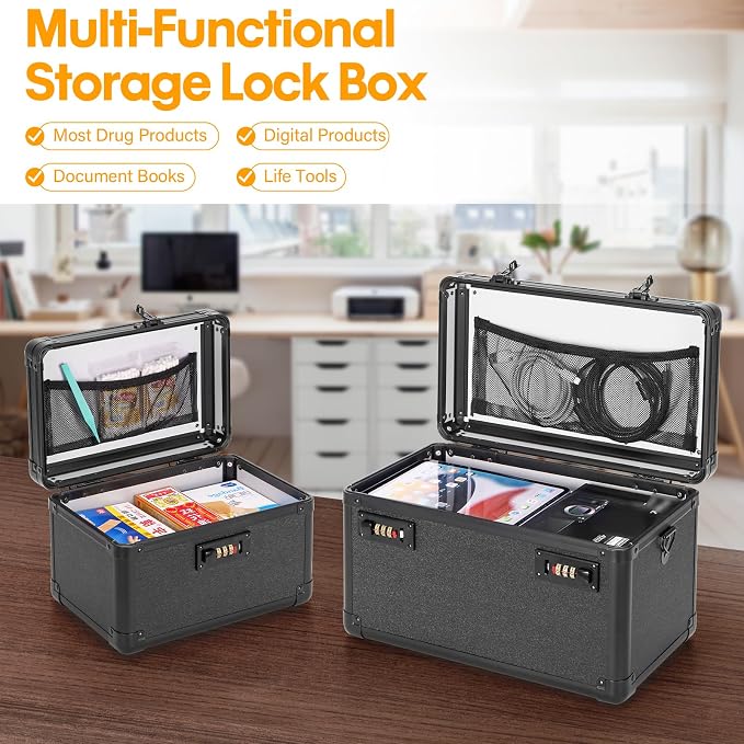 Combination Lock Box, Medicine Lock Box for Medication Storage, Prescription Drugs and First Aid Supplies, Portable Lockable Box for Home & Travel, 11 x 6.7 x 7.9 Inch Medium Black