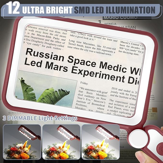 Magnifying Glass for Reading, Rechargeable 5X Large Page Magnifier with Light, Folding Handheld Dimmable Rectangle Lighted Magnifier for Reading Book Small Print for Seniors Low Vision, Red White