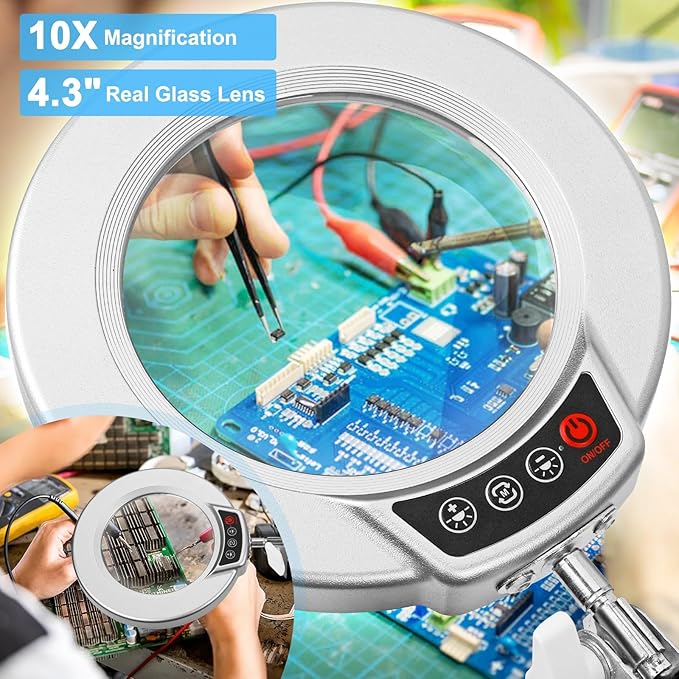 10X Magnifying Glass with Light and Clamp, Real Glass Stand Lighted Magnifier, 5 Color Modes Stepless Dimmable LED Desk Lamp Hands Free for Crafts Hobby Reading Painting Close Work - Silver