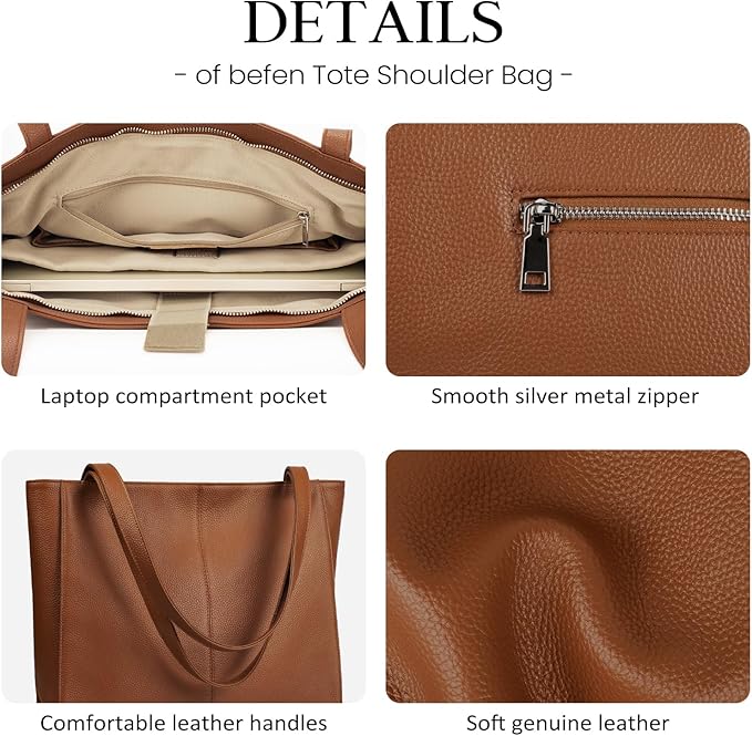 befen Genuine Leather Tote Bag for Women Work, Women's Leather Shoulder Bags Purses Satchel Handbags with Laptop Compartment