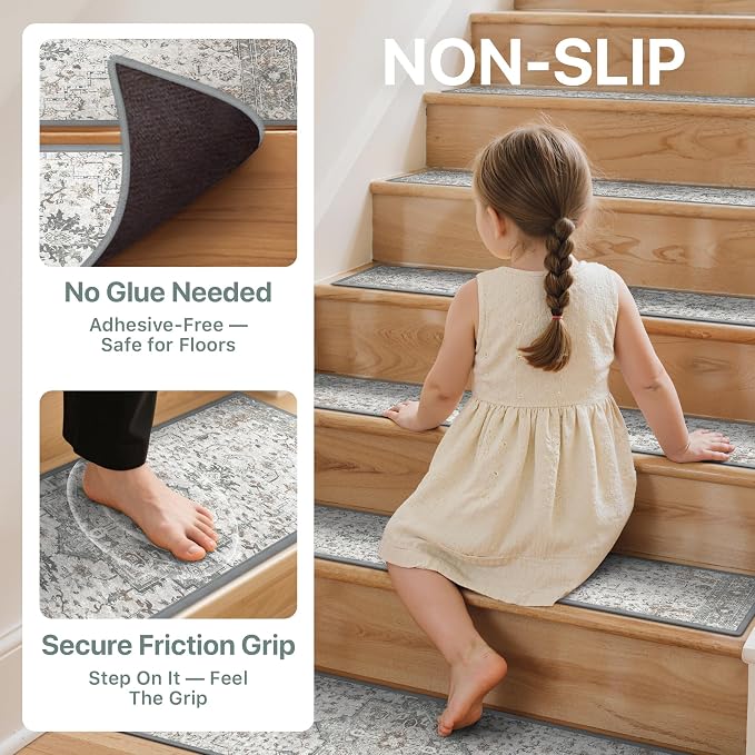 SARBEN 8"x36" Non Slip Stair Treads for Wooden Steps 15 Pack, Taupe | Peel and Stick Carpet Stair Runner with TPE Adhesive Backing, Carpet for Added Safety, Pet and Senior Friendly
