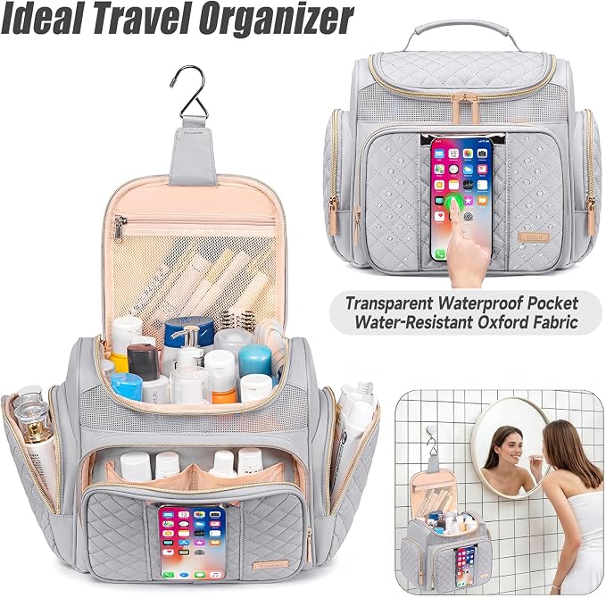 Tealari Large Toiletry Bag for Women Men,Bathroom Bag,Water Resistant Shower Bag,Makeup Bag,Portable Shower Caddy for College Dorm,Hanging Travel Toiletry Bag with Transparent Waterproof Phone Pocket