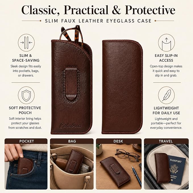 Calabria Slim Eye Glasses Case w/Clip Soft PU Leather Brown Men Women Eyeglasses Pouch Slip-In Eyewear Holder Sunglass Bag