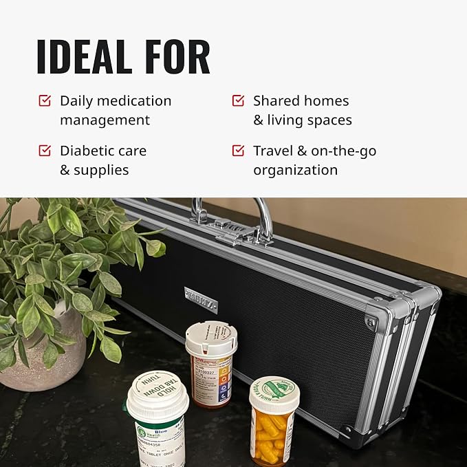 Vaultz Locking Medicine Case with Combination Lock - Portable Lock Box Briefcase for Medications, Cash & Valuables, Organized Storage Case with Handle, Extra Long, 1 Pack (16.5x5.5x2.75)