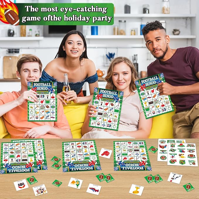 Lonfliness 39Pcs Football Bingo Game for Adults 24 Players American Football Bingo Game Cards with Reward Stickers for Family Friends Large Group Activities Sports Theme Birthday Party Favors