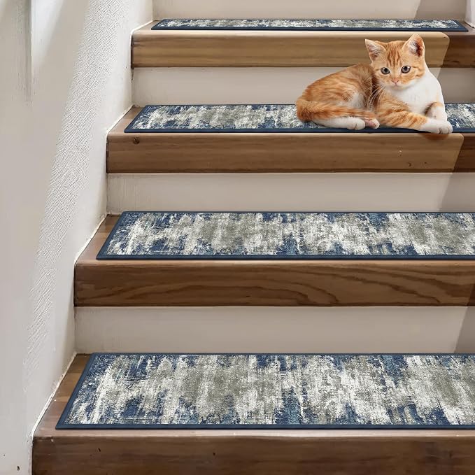 sarben 8"x30" Non Slip Stair Treads for Wooden Steps 15 Pack, Blue Ivory | Peel and Stick Carpet Stair Runner with TPE Adhesive Backing, Carpet for Added Safety, Pet and Senior Friendly