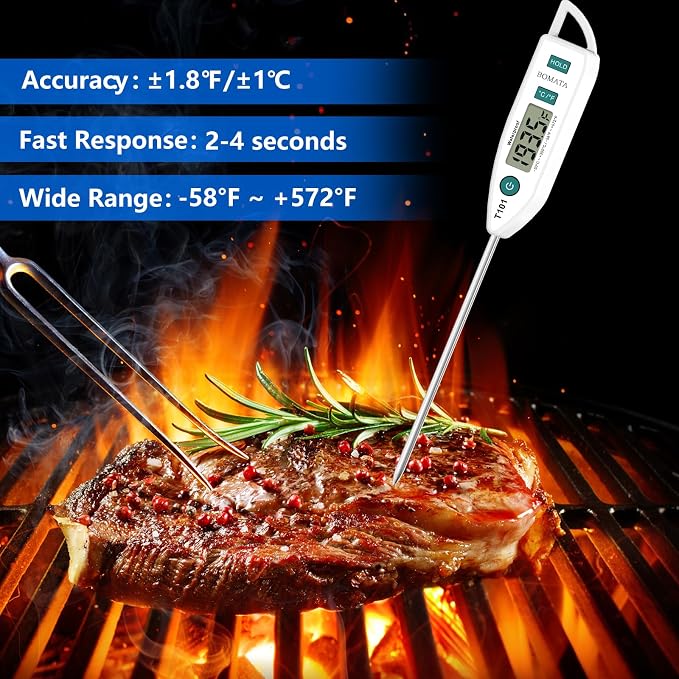 BOMATA Digital Water Thermometer for Liquid, Meat, Cooking, IPX7 Waterproof | Instant Read Food Thermometer, 5in Long Probe for Candle, Water, Meat, BBQ! T101 (White Color)…