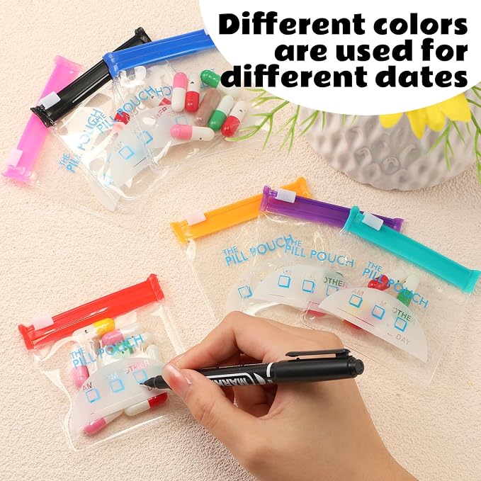 Sherr 35 Pcs Pill Pouch Bags with Zipper Pill Pouch Set Travel Reusable Translucent Medicine Organizer Self Sealing Plastic Bag with Slide Lock for Storage(Vivid Colors,3 x 3 Inch,Day Style)