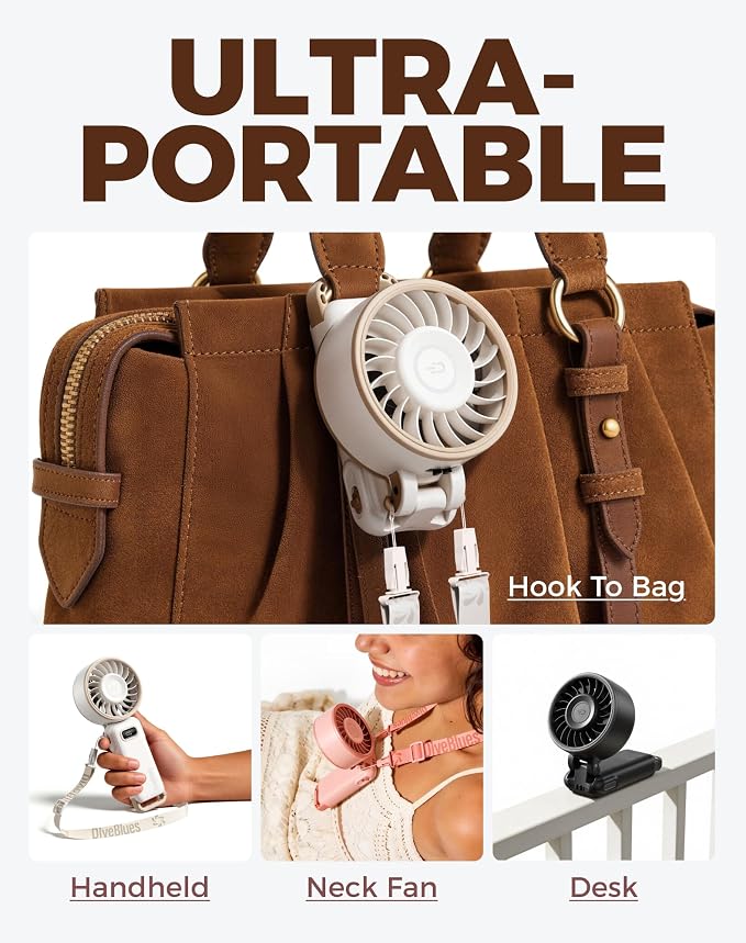 Diveblues Portable Turbo Fan, 100 Speed Handheld Fan with Strong Airflow, Foldable 4 in 1 Personal Fan for Neck, Desk & Travel, USB-C Rechargeable, Lightweight for Summer, Concerts & Outdoor Use