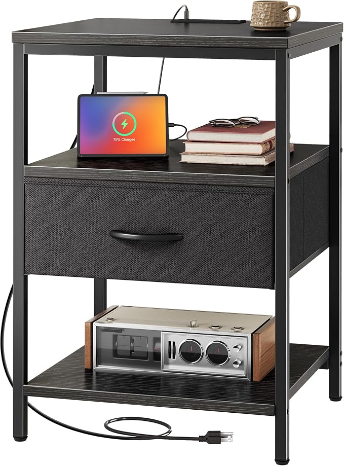 SUPERJARE Nightstand with Charging Station, USB-C Port, Bedside Table | 27.7 Inch Tall Nightstand with Adjustable Fabric Drawer, Large Dresser for Bedroom, Living Room, Black