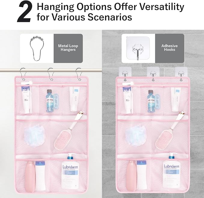 F-color 7-Pocket Mesh Shower Caddy - Hanging Shower Organizer for Cruise | Quick-Dry & See-Through Mesh for Toiletries, Fits Shower Rod Rings or Sticky Hooks for Bathroom & RV, Cruise Essentials 2026