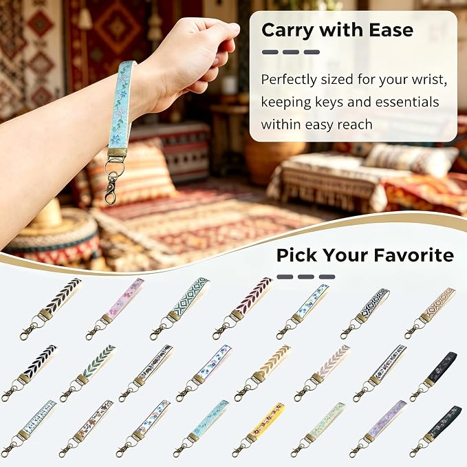 Boho Vintage Embroidered Floral plant Wristlet Keychain for Women | Cute Lanyard&Antique Brass Clasp, Lightweight Hands-Free Key Holder for keys,purses,handbags and daily outdoor use for ladies