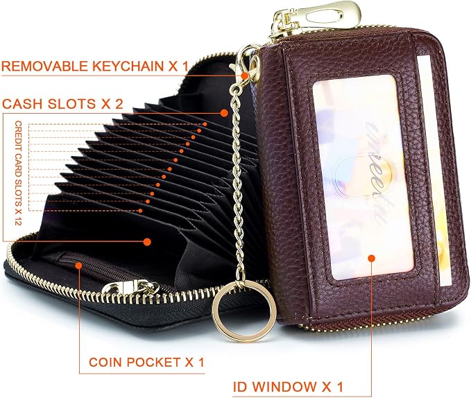 imeetu RFID Credit Card Holder, Small Card Wallet Women, Leather Card Case | Genuine Leather Women's Card & id Cases, Change Coin Purse with Zipper Keychain id Window, 20 Colors & 3 Styles, Daily, Gifts